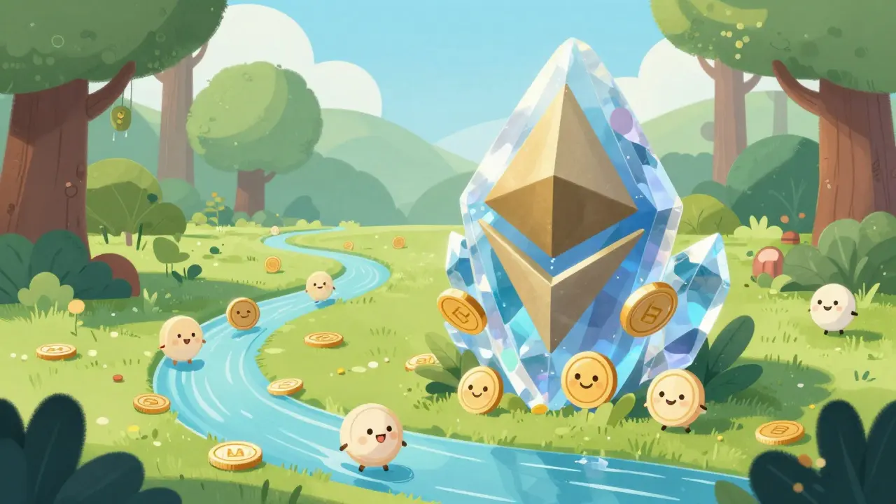 Cristal Ethereum fantastique avec un flux de petites pièces souriantes dans une forêt.