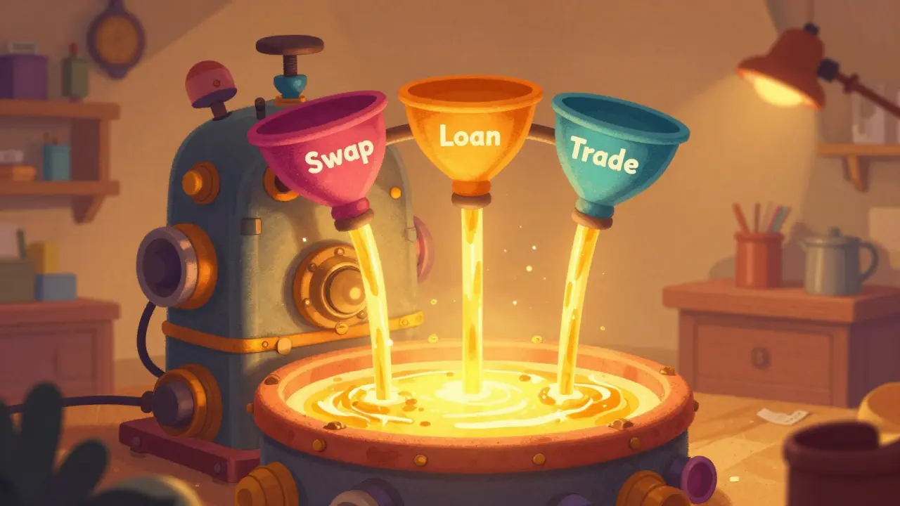 Dessin coloré d'une machine fusionnant l'échange, le prêt et le trading DeFi.