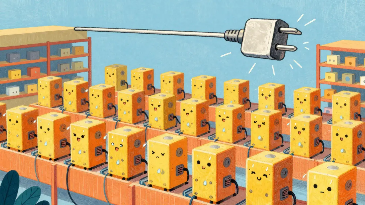 Dessin style livre pour enfants montrant des machines de minage robotiques fatiguées dans un entrepôt.