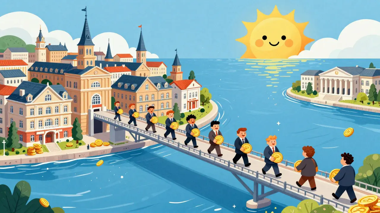 Dessin style livre pour enfants montrant un pont entre la régulation européenne et la finance institutionnelle.