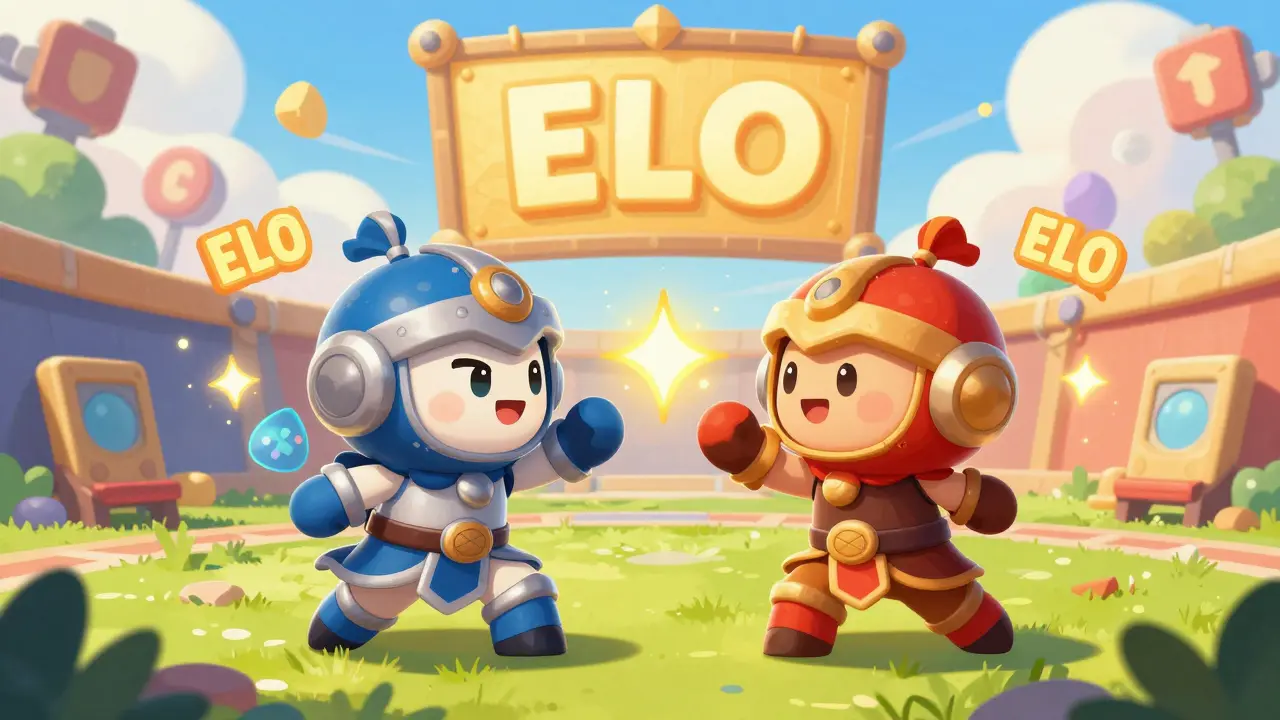 Deux personnages mignons s'affrontant dans une arène de jeu avec des points ELO flottants.