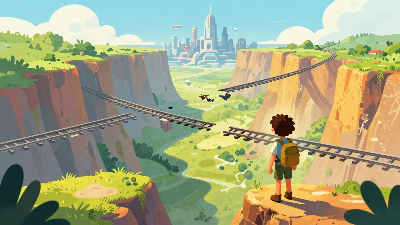Explorateur face à des rails de train inachevés menant vers une cité futuriste.