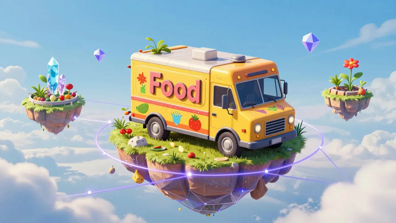 Food truck volant sur un réseau numérique violet représentant la blockchain Polygon.