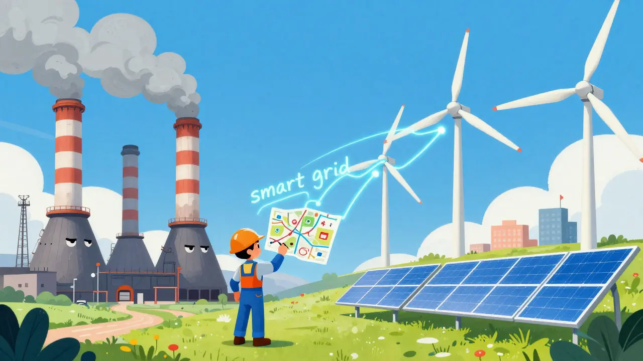 Illustration colorée opposant une vieille centrale au charbon à des éoliennes et panneaux solaires modernes.