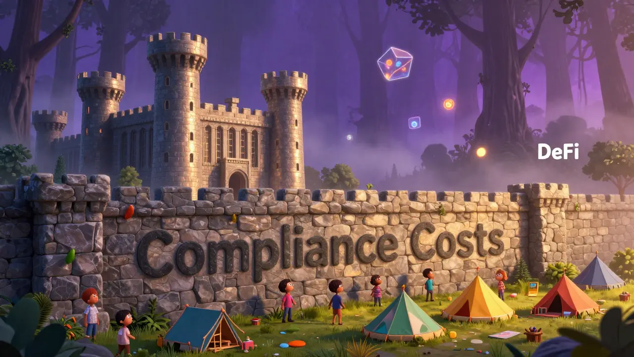 Illustration d'un mur de conformité séparant de grandes entreprises de petites startups et de la DeFi.