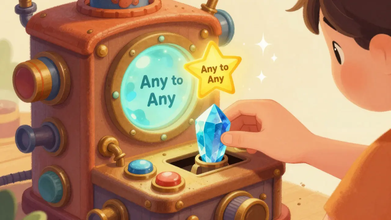 Machine imaginaire transformant une crypto-monnaie en une autre avec des étoiles.