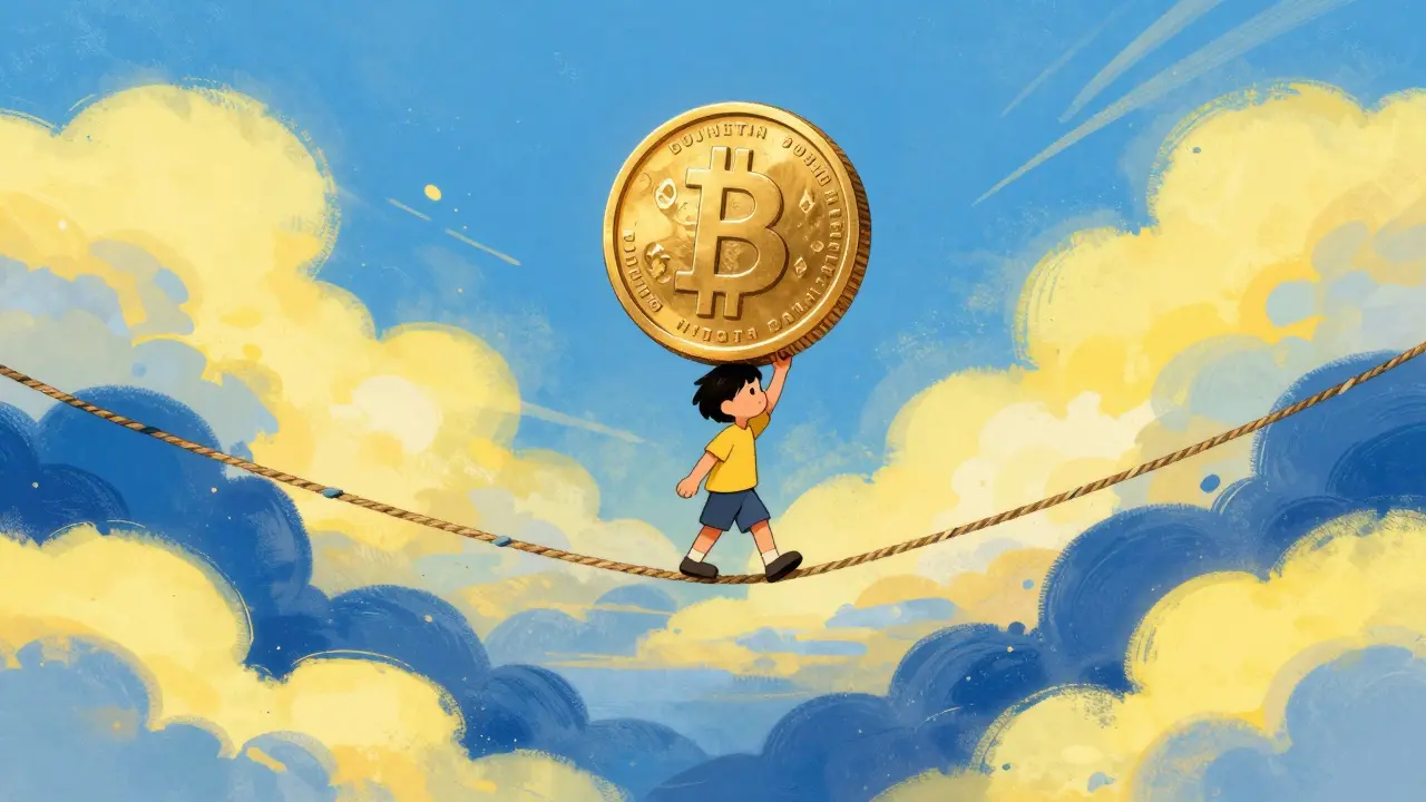 Personnage équilibrant une pièce géante sur une corde raide au-dessus des nuages.