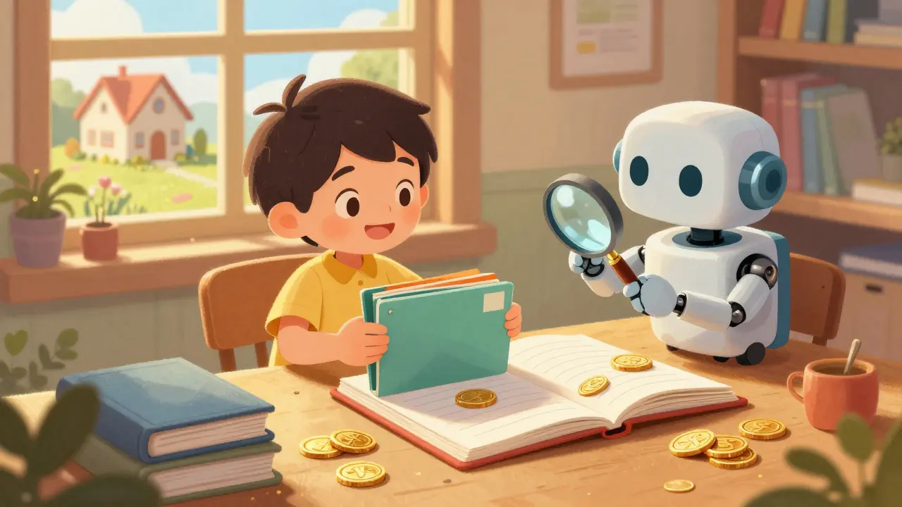 Personnage et robot organisant soigneusement des dossiers fiscaux crypto.