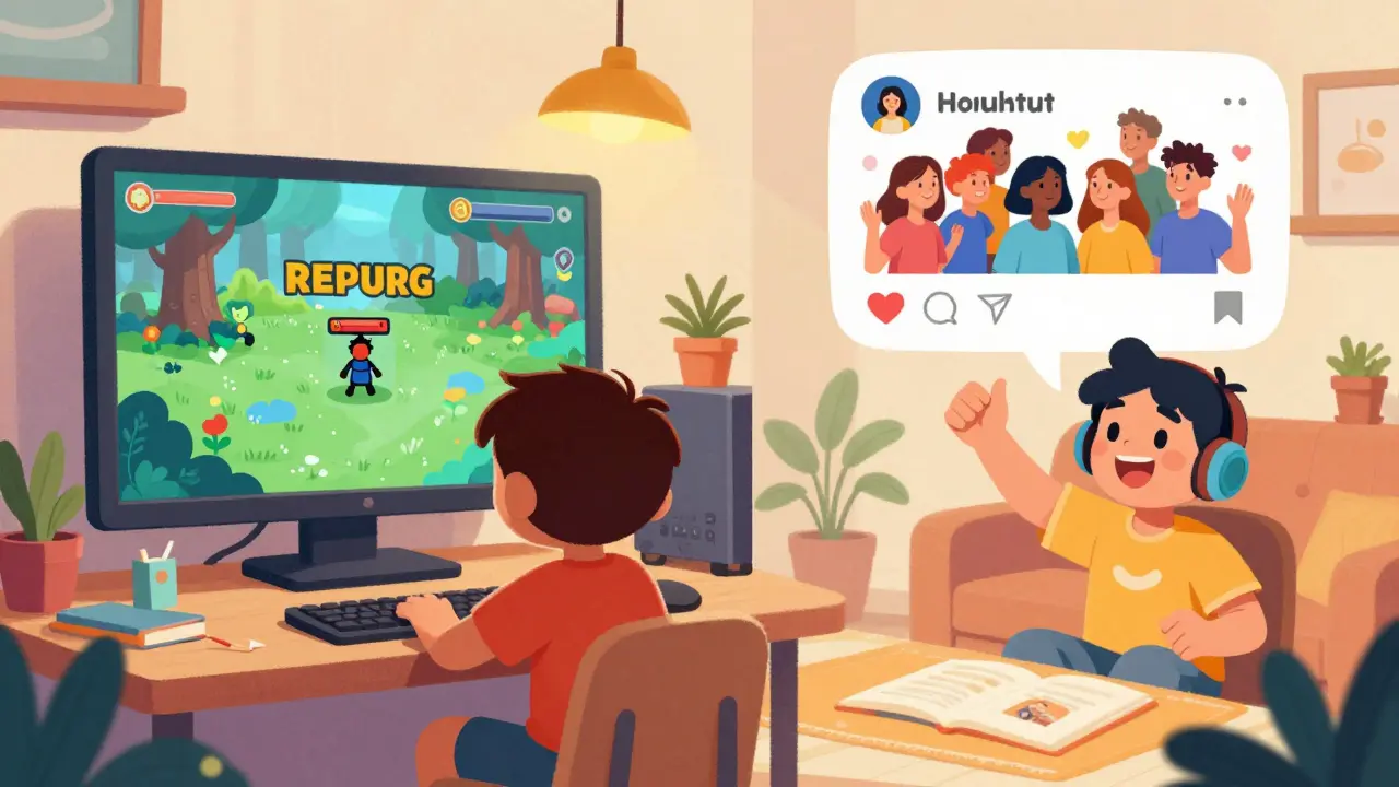 Personnage joyeux jouant à un jeu vidéo et partageant ses exploits.