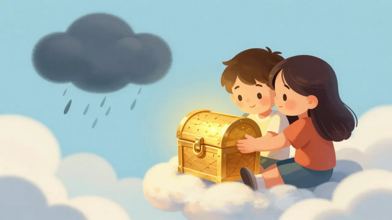 Personnage serein protégeant son coffre au trésor doré sur un nuage moelleux.