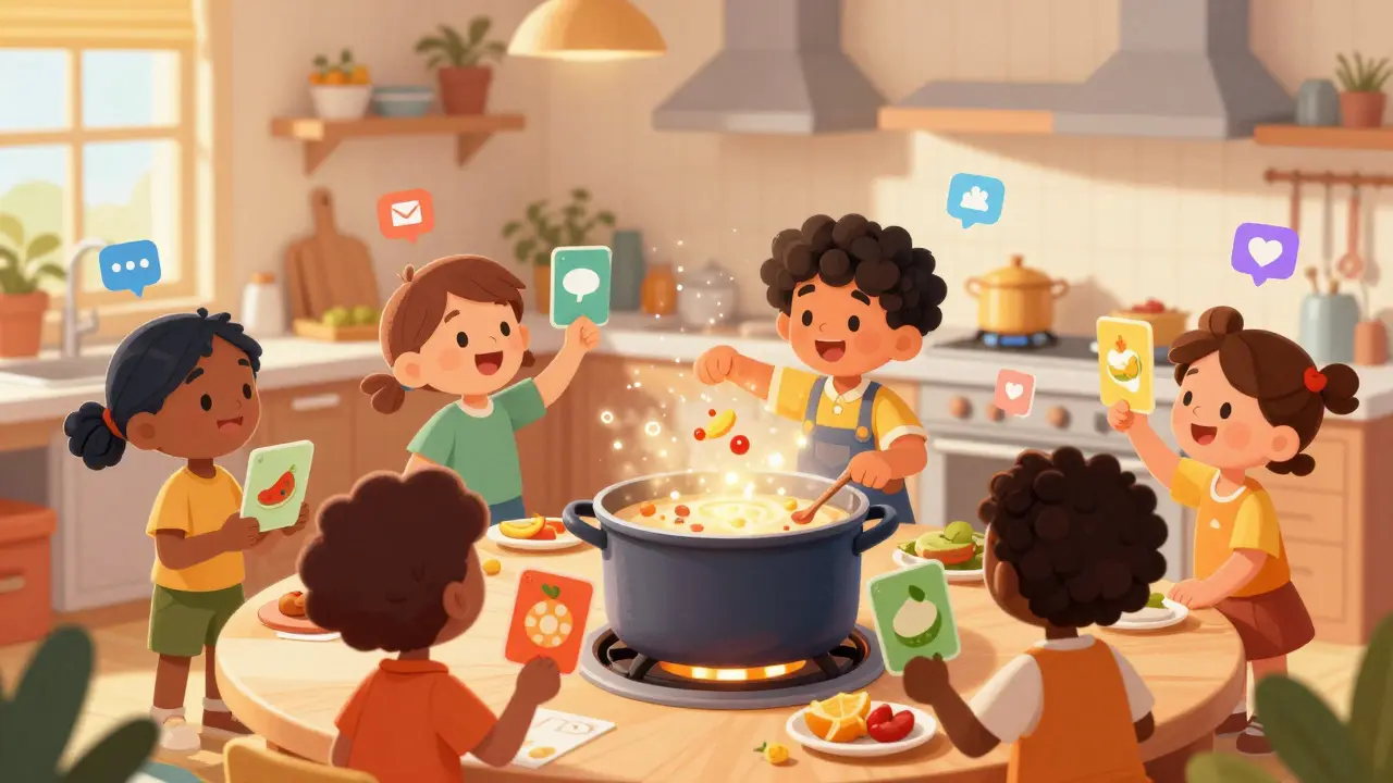 Personnages amicaux cuisinant ensemble avec des ingrédients numériques dans une cuisine virtuelle.