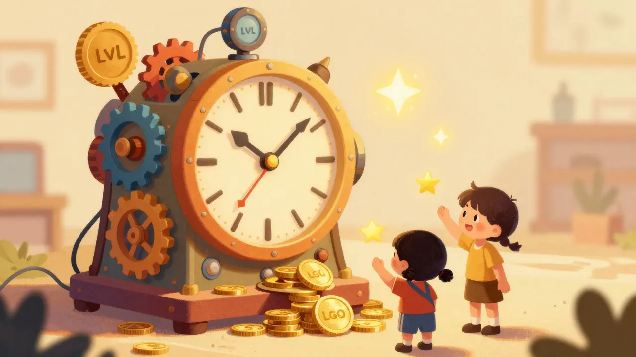 Personnages mignons interagissant avec une machine à récompenses LVL et LGO stylisée.