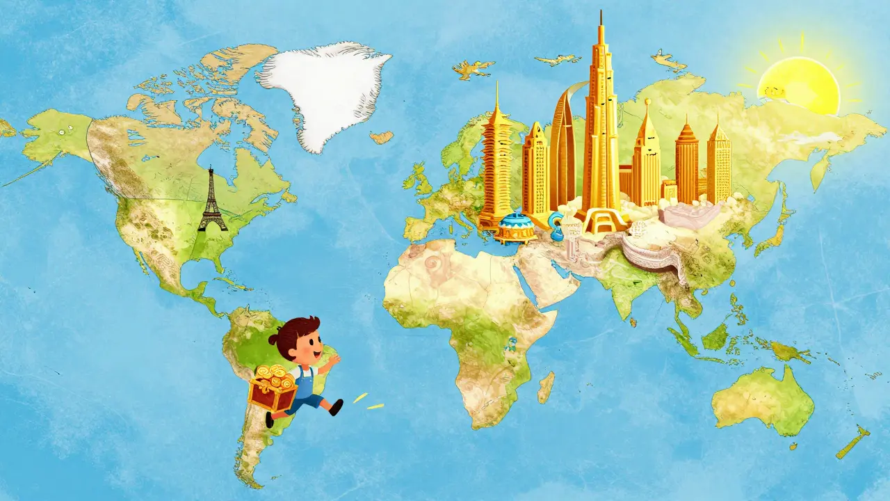 Petit personnage voyageant sur une carte simplifiée vers Dubaï et le Portugal.