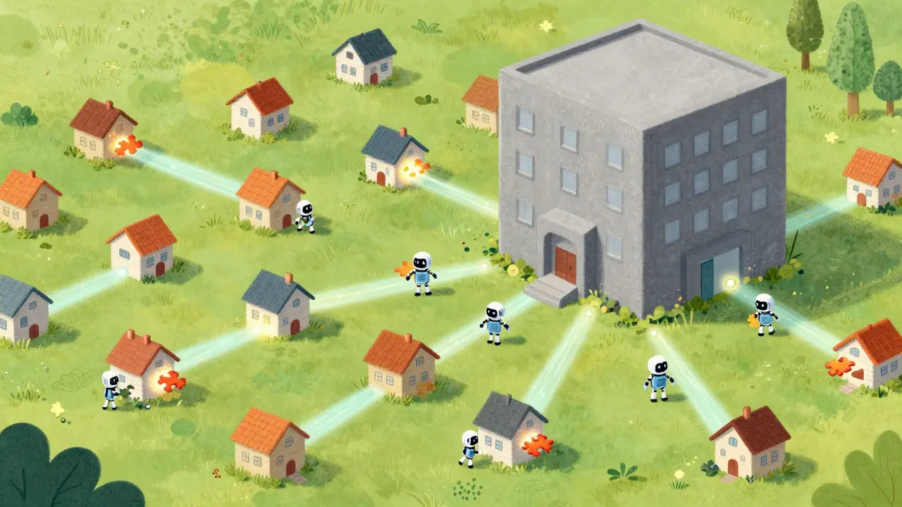 Petit robots transportant des pièces de puzzle entre des maisons colorées dans un paysage vert.