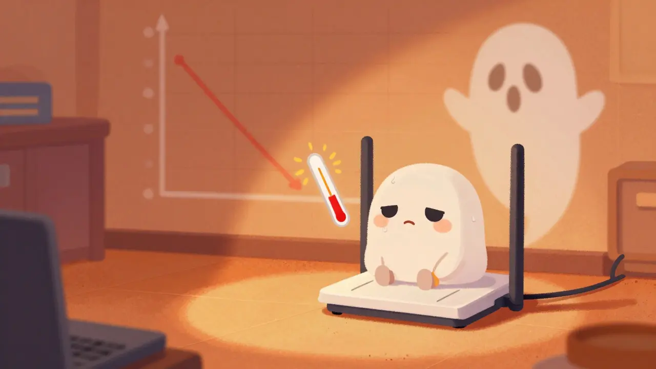 Petit routeur anthropomorphe ayant trop chaud dans une pièce ensoleillée.