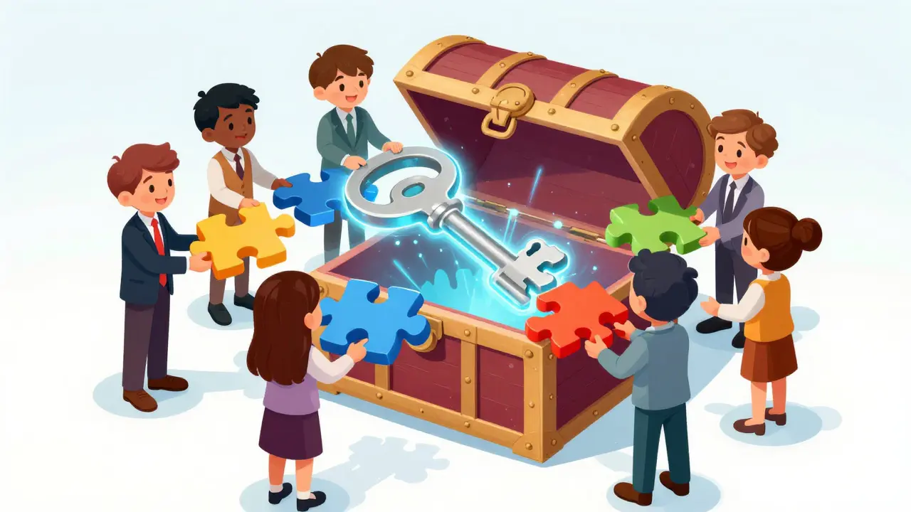 Plusieurs professionnels assemblant des morceaux de puzzle pour déverrouiller un coffre numérique.