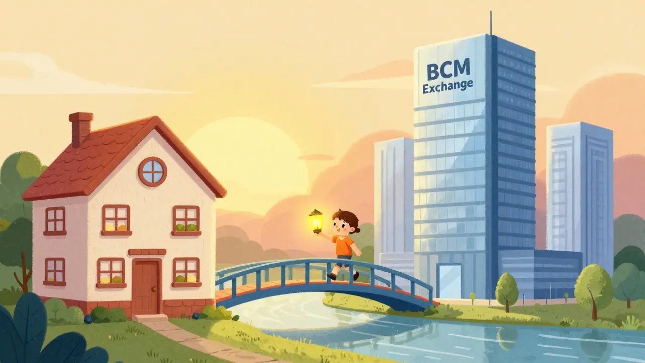 Pont coloré reliant une ancienne maison à un bâtiment moderne et brillant.