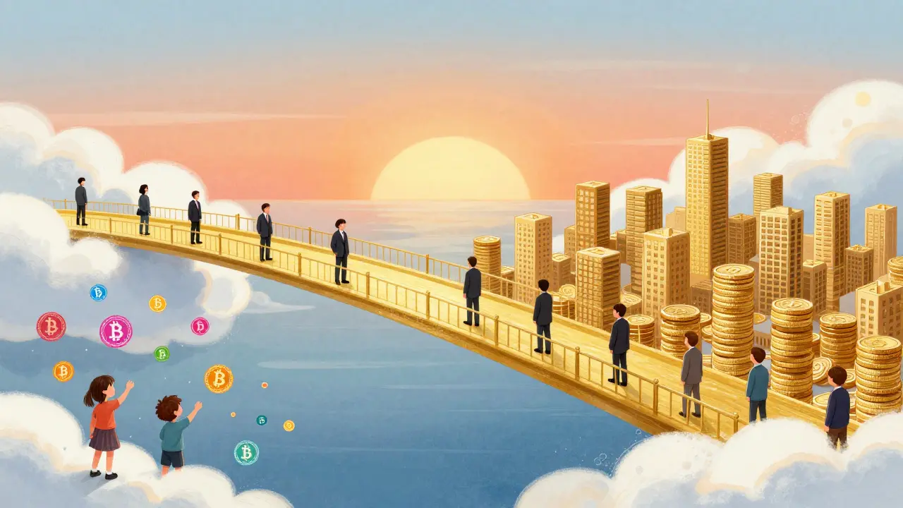 Pont doré reliant les cryptomonnaies au rouble numérique d'État.