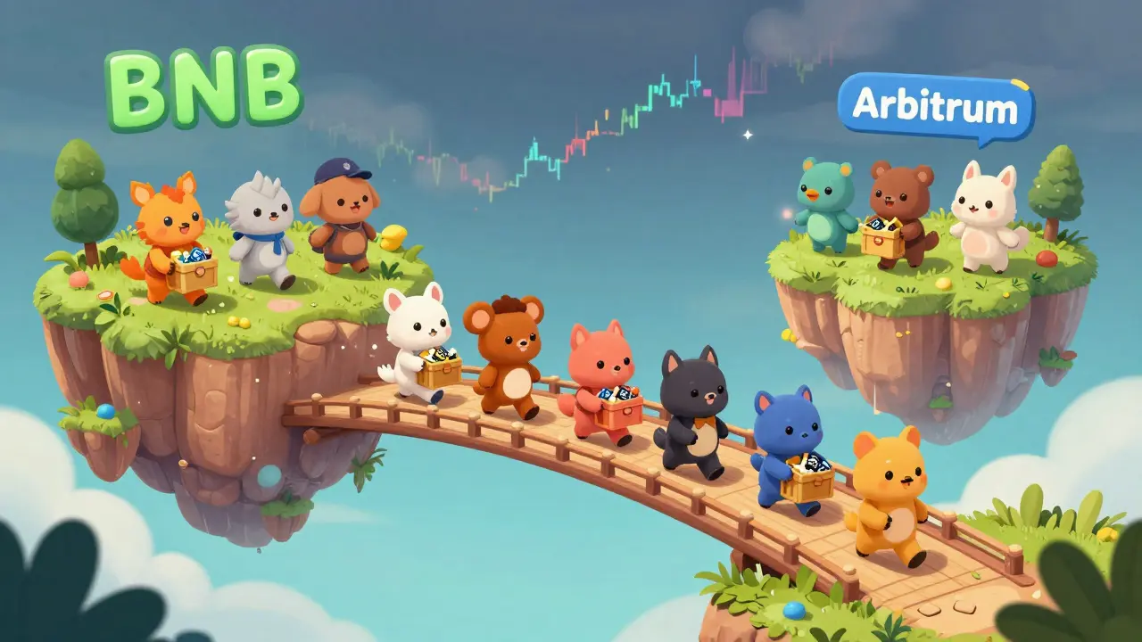 Pont magique reliant les réseaux BNB et Arbitrum avec des personnages transportant des trésors.