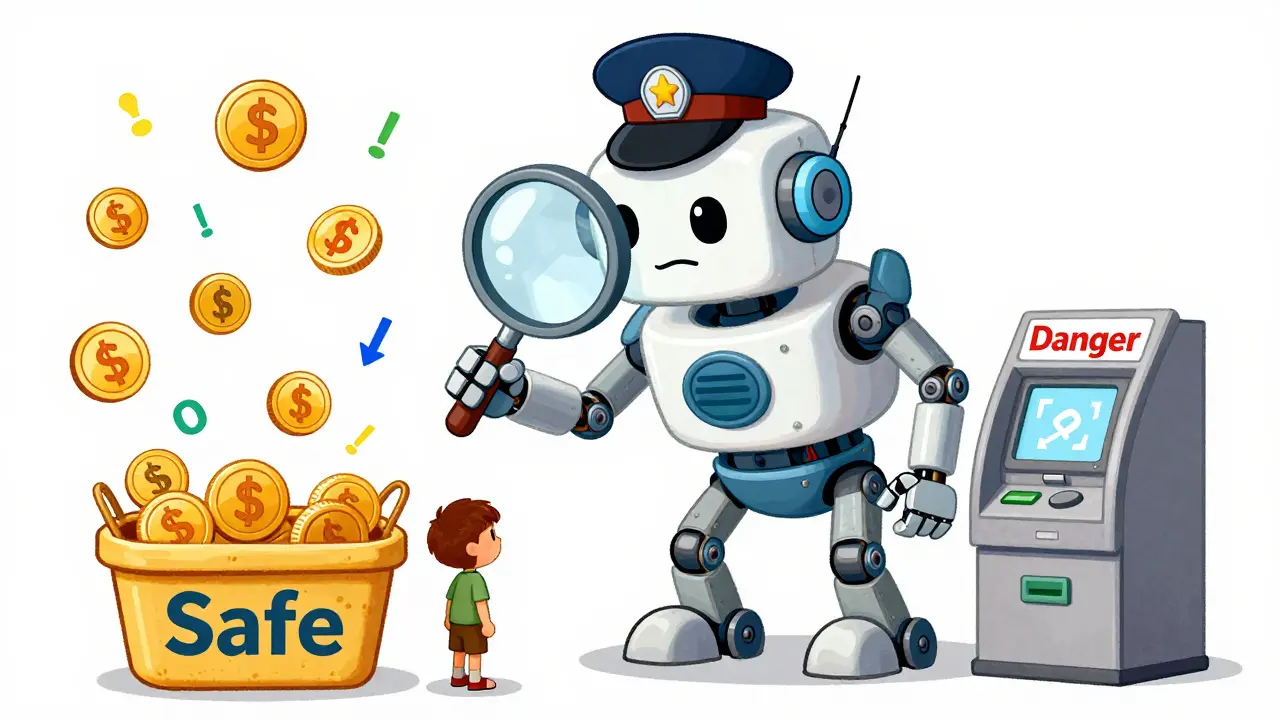 Robot banquier examinant une transaction avec une loupe géante.