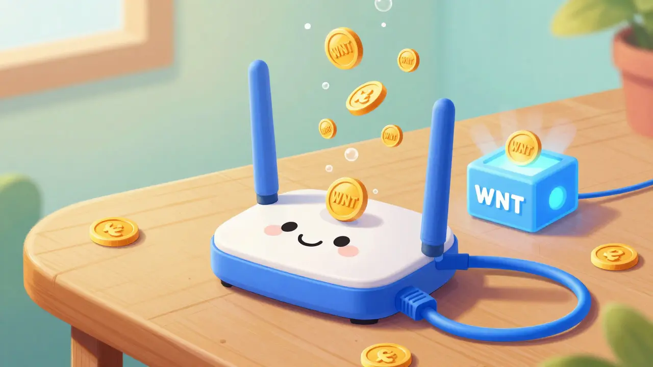 Routeur stylisé générant des jetons WNT comme des bulles dorées sur une table.