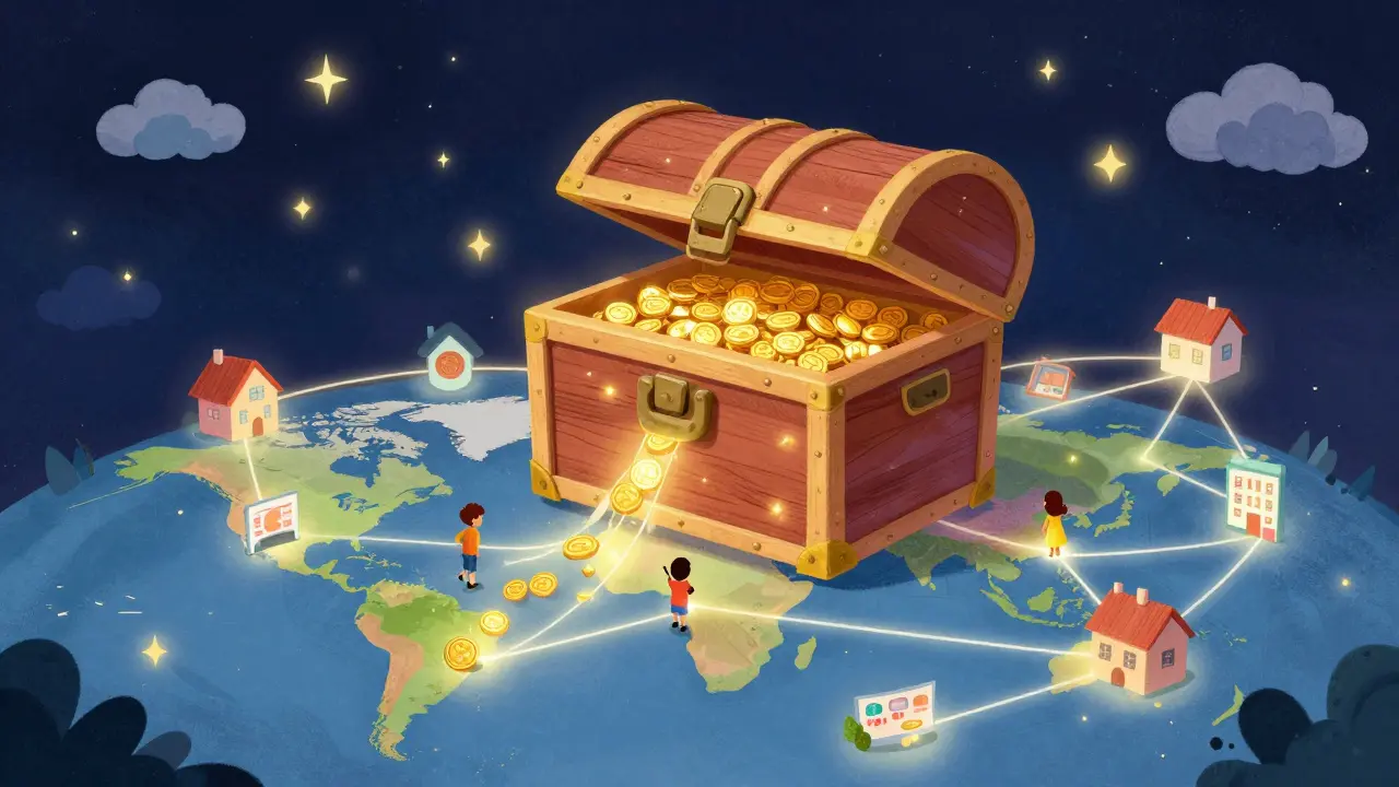 Un coffre-fort numérique spatial distribuant des jetons sur une carte du monde colorée.