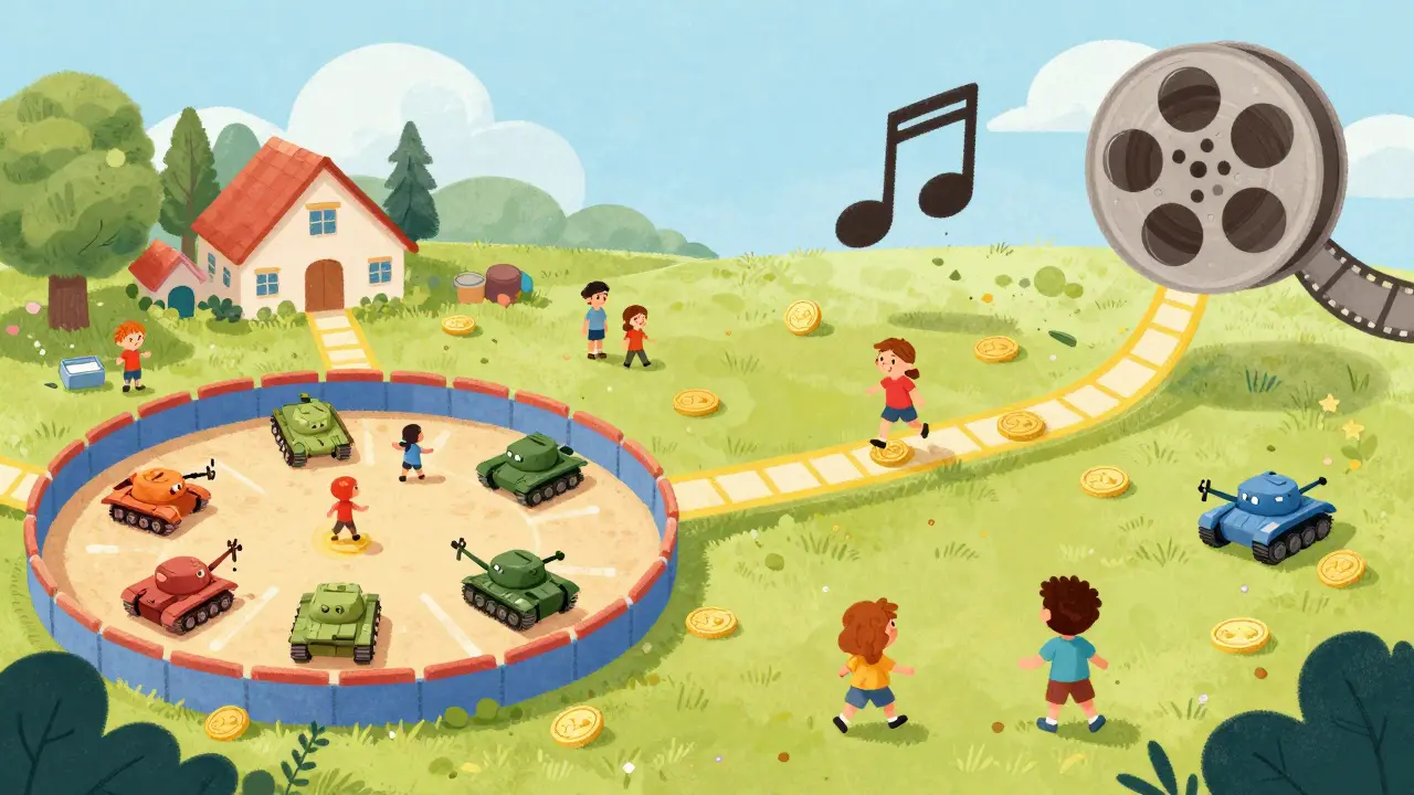 Un collage imaginaire montrant des jeux, de la musique et du cinéma reliés par des jetons GALA.