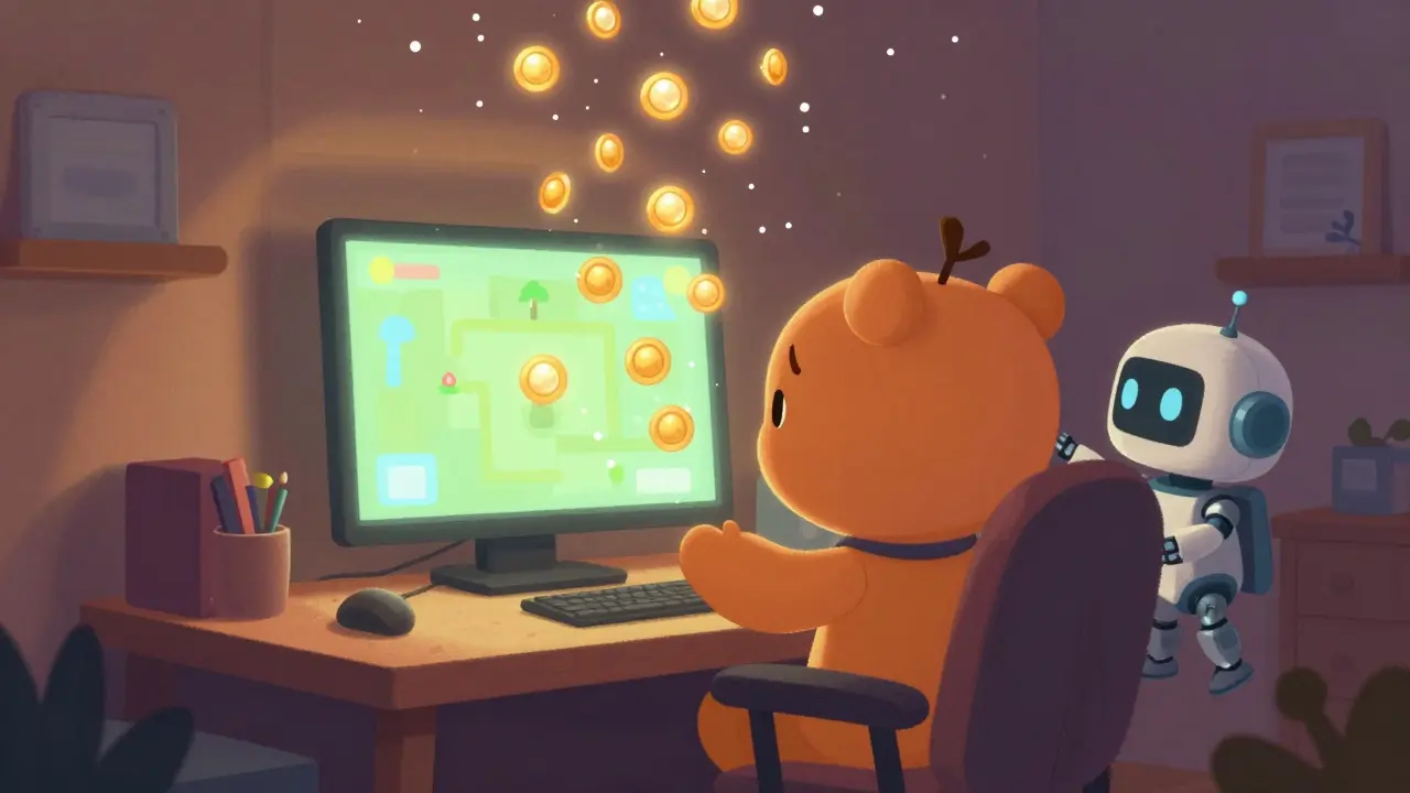 Un joueur heureux recevant des jetons PEARL sous forme de pluie dorée dans sa chambre.