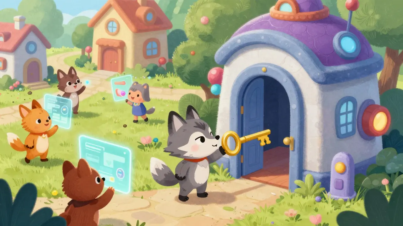 Un loup utilisant un NFT comme clé pour accéder à un bâtiment moderne et coloré.