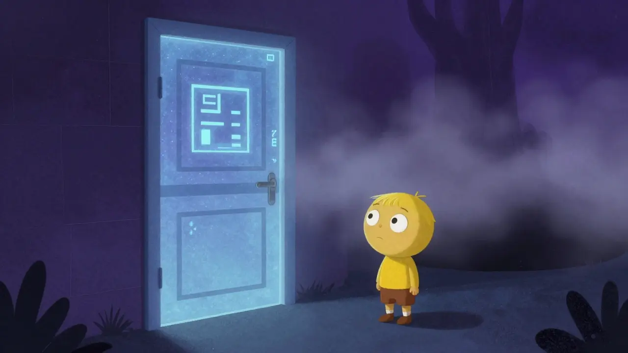 Un personnage hésitant devant une porte numérique entourée de brume.