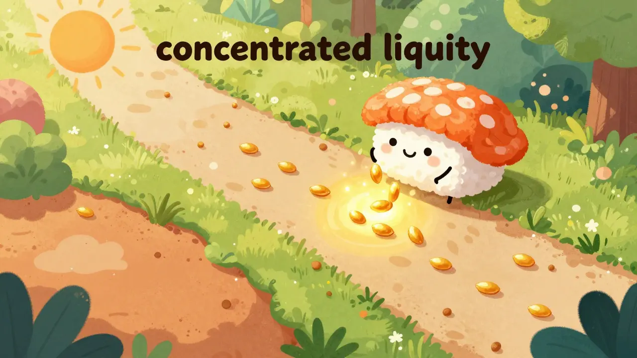 Un personnage sushi plantant des graines dorées dans une zone précise d'un jardin.