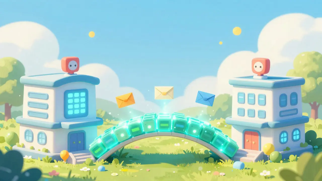 Un pont magique de blocs numériques reliant deux hôpitaux pour échanger des données.