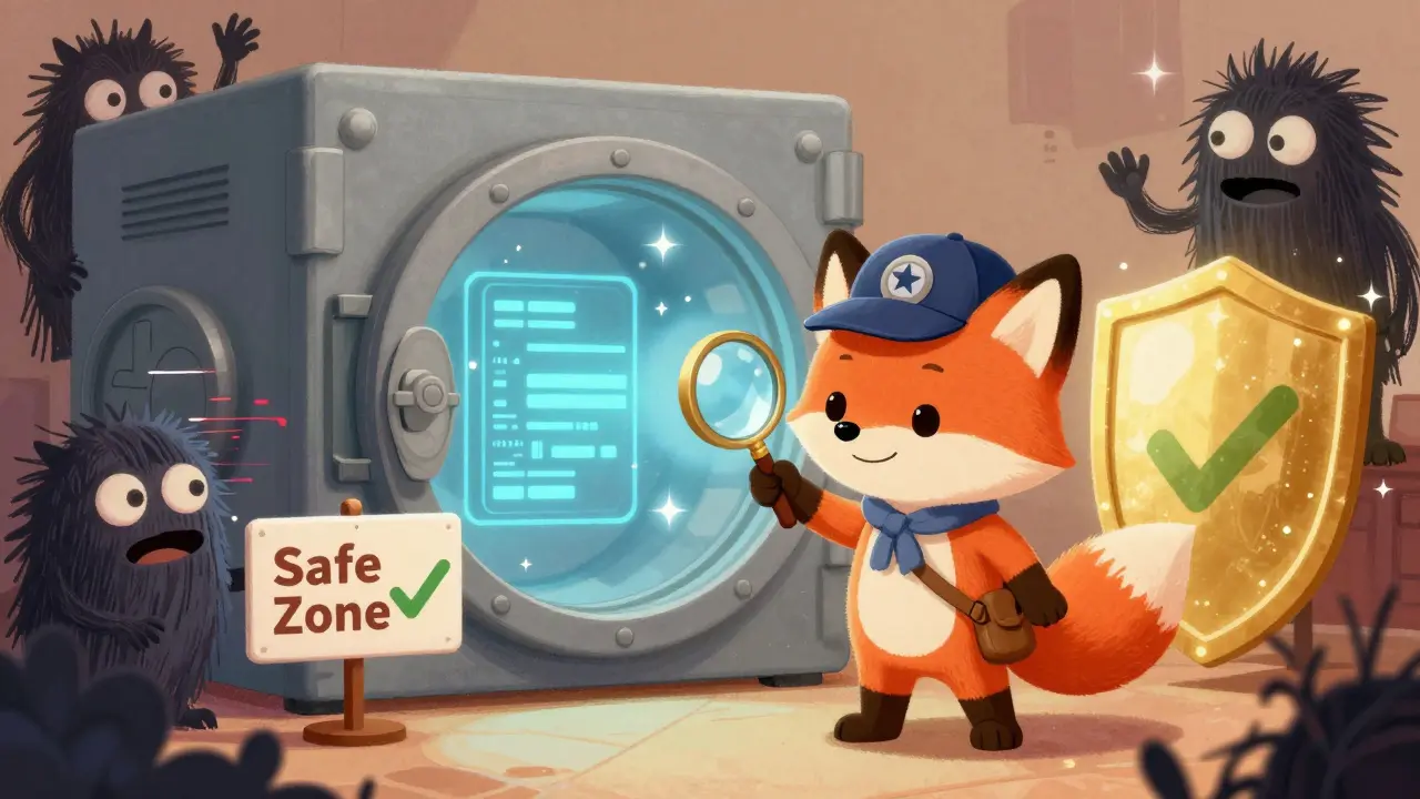 Un renard détective protégeant un coffre-fort numérique contre des monstres de glitchs.