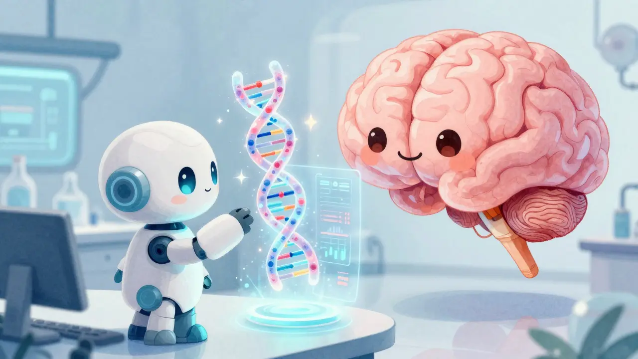 Un robot et une IA analysant des données de santé dans un laboratoire futuriste.