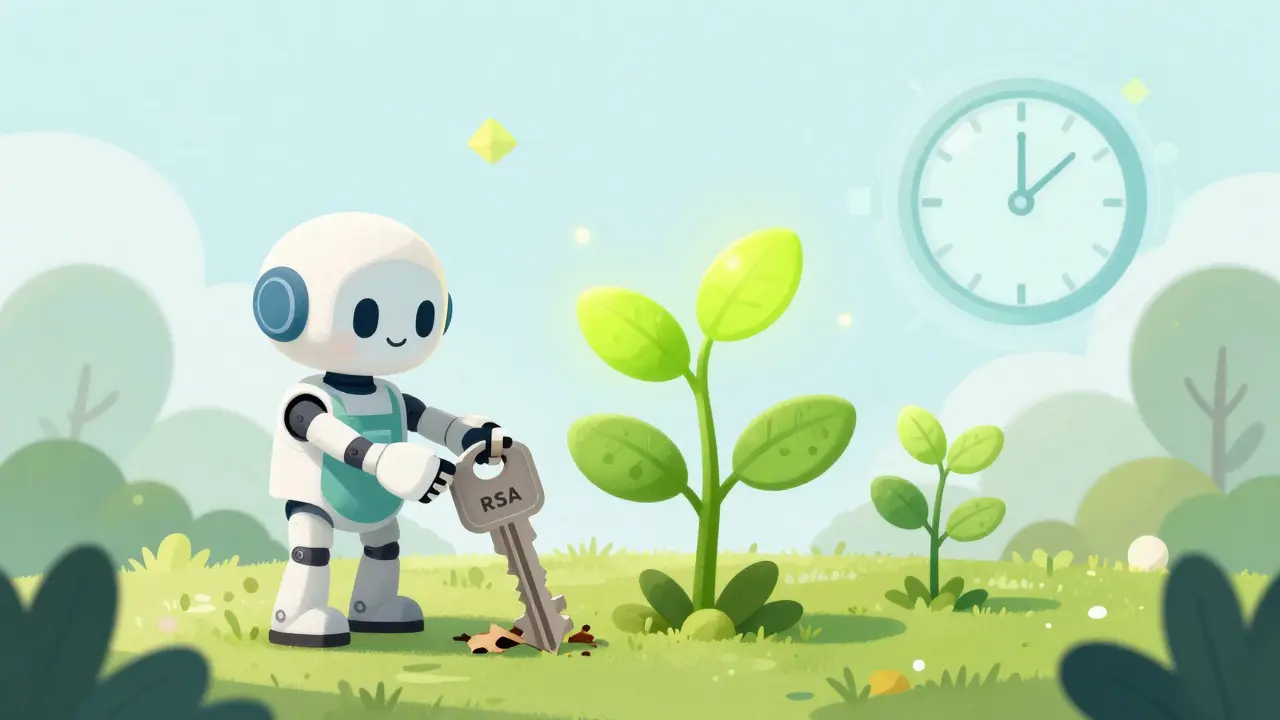 Un robot jardinier remplaçant une ancienne clé grise par une nouvelle clé lumineuse et verte.