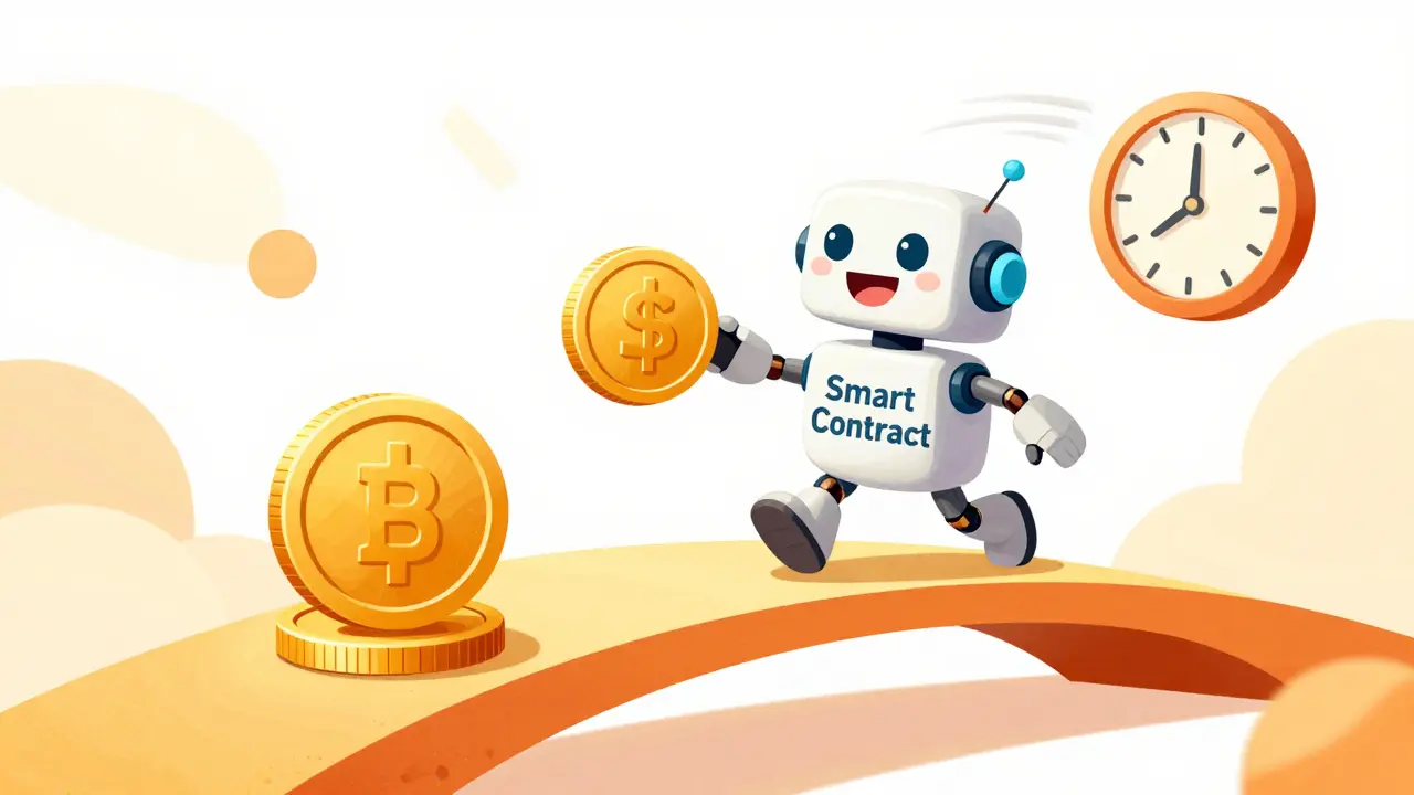 Un robot sympathique échangeant instantanément une pièce contre un jeton numérique.