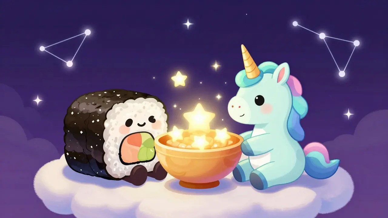 Un sushi et une licorne partageant des étoiles brillantes sur un nuage.