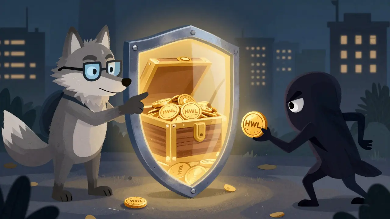 Un vieux loup sage expliquant comment protéger ses jetons HWL contre les arnaques.
