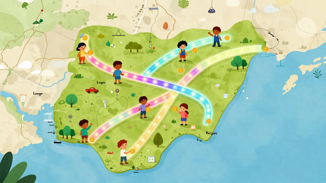 Une carte du Nigeria avec des rubans de lumière colorés reliant des personnes via la blockchain.