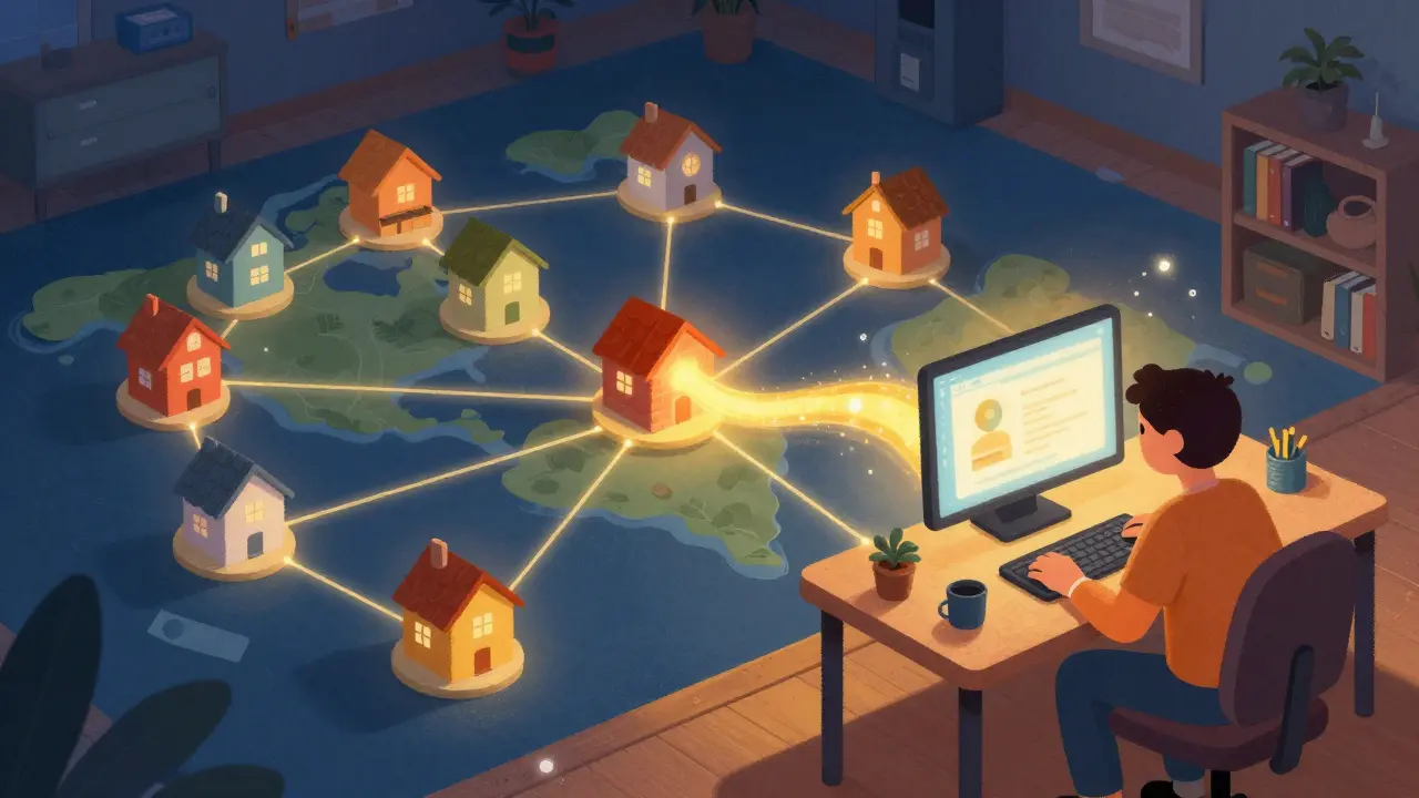 Une personne avec un ordinateur connecté à un réseau mondial de nœuds via des flux de lumière dorée.