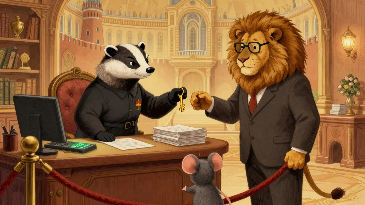 Blaireau officiel donnant une clé à un investisseur lion qualifié