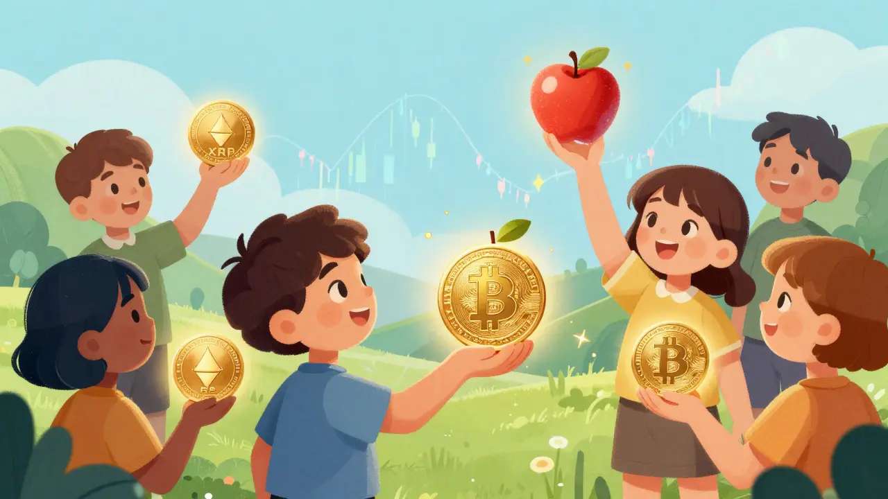 Coins crypto se transformant en objets physiques dans un style enfantin