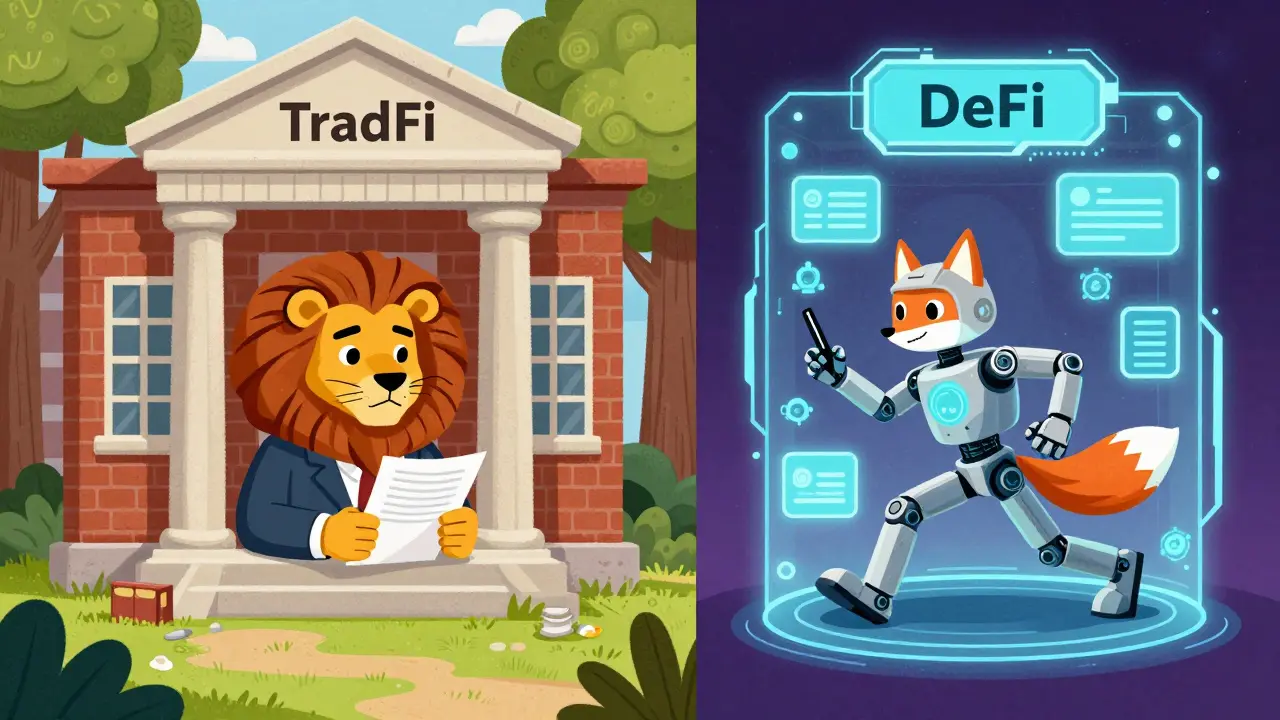 Comparaison illustrée entre banque traditionnelle et finance décentralisée