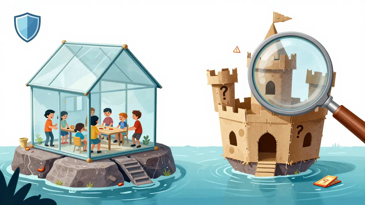 Comparaison illustrée : maison solide vs château de carton fragile et risqué.