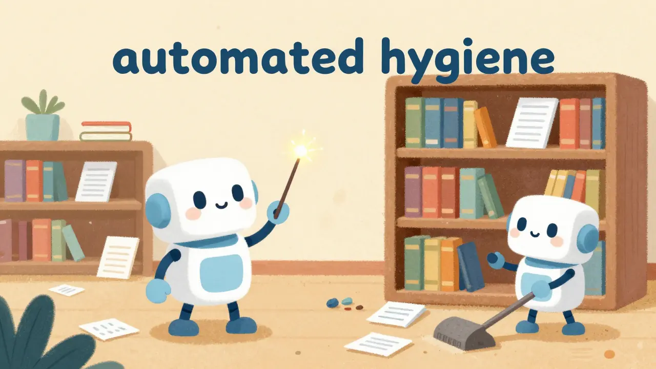 Des robots mignons nettoient et organisent une bibliothèque de fichiers numériques.