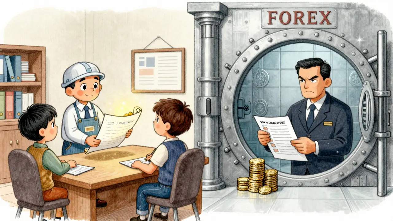 Dessin illustré comparant le transfert de technologie avec un partenaire et la conformité stricte des régulateurs financiers dans une banque.