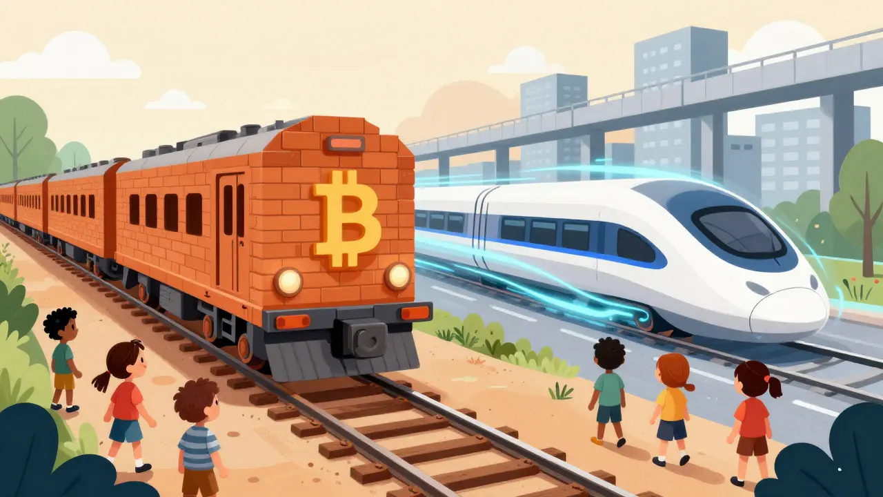 Deux chemins technologiques : un train solide et lent contre un train futuriste rapide sur des ponts de couche 2.