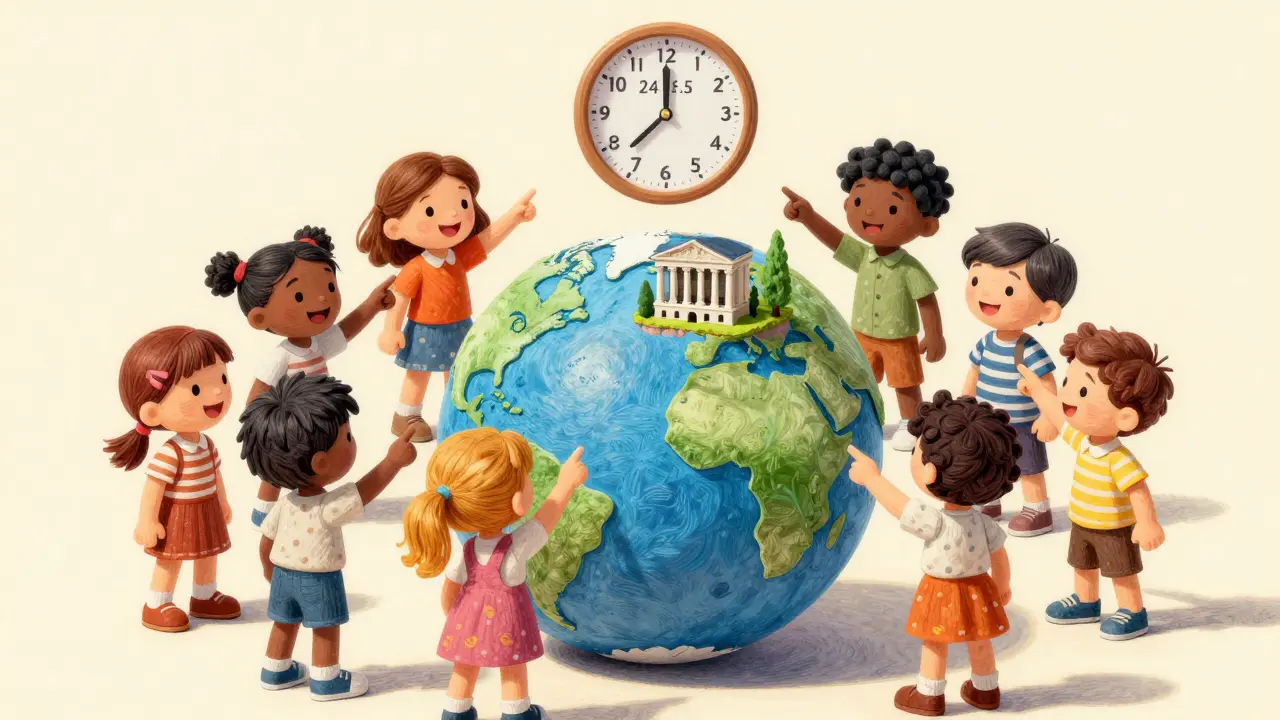 Enfants du monde entier regardant une île magique représentant le trading mondial 24h/24.