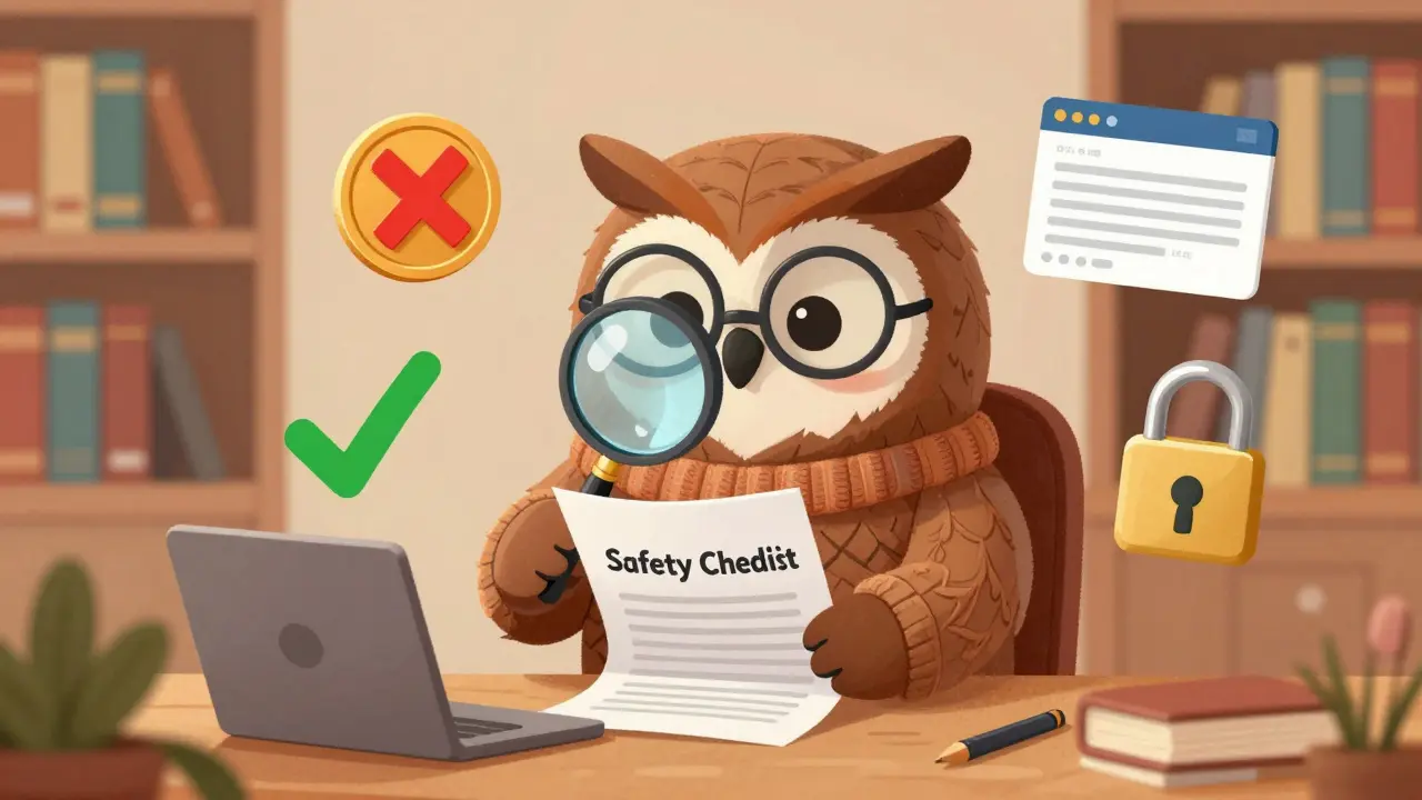 Hibou sage vérifiant une liste de sécurité avec une loupe dans un style livre pour enfants.