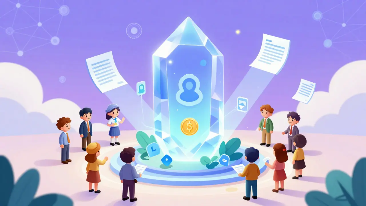 Illustration magique d'un contrat intelligent en cristal automatisant les redevances et la transparence dans l'écosystème blockchain.